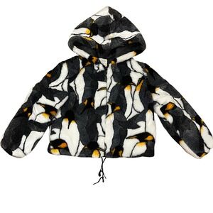 Vintage 90s NWT Penguin Print‎ Faux Fur Hooded Jacket Quilted 7 Kidcore Cozy